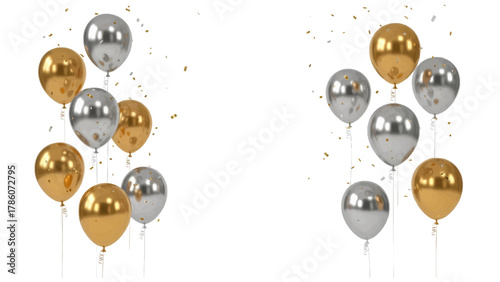 Vector illustration of gold and silver balloons with confetti on a white background