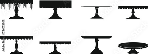 Elegant cake stand silhouette collection, vintage dessert display trays, bakery pedestal illustration, black white serving table vector design