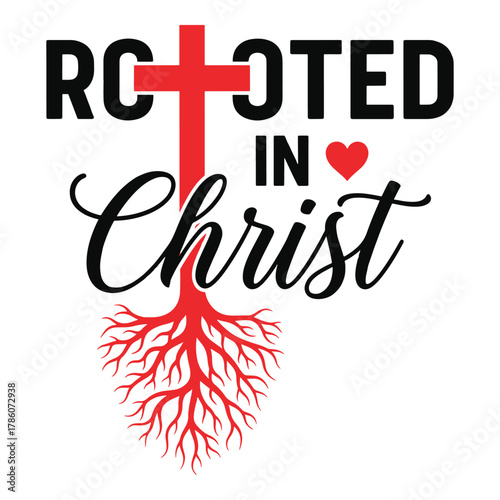 Rooted in christ christian faith symbolism with a red cross and tree roots representing spiritual growth and devotion