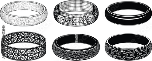 Elegant bracelet bangle collection, decorative jewelry design, black and white vector illustration, geometric and floral pattern art, fashion accessory style