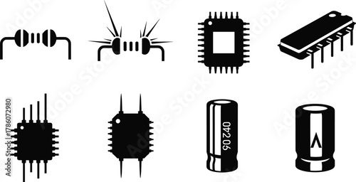 Electronic components illustration, resistor, capacitor, IC chip, DIP package, fuse symbol, black and white, schematic symbols, circuit design, damaged resistor