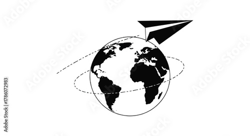 Paper airplane flying around the earth globe with a dashed line indicating its flight path