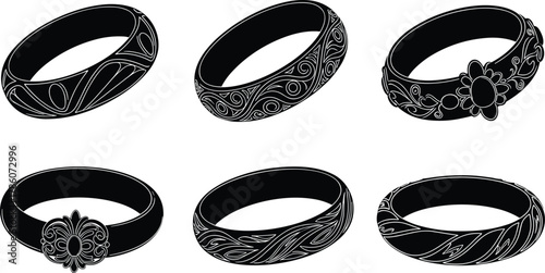 Elegant bangle bracelet collection, floral and abstract jewelry design, black and white vector illustration, fashion accessory, decorative pattern art, luxury style