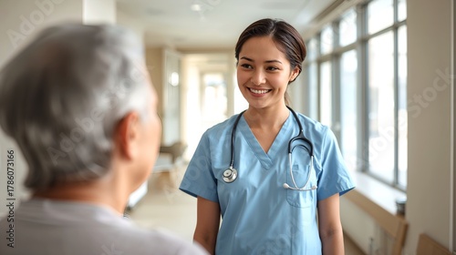 a kind-hearted nurse providing care and support to an elderly patient in a medical environment