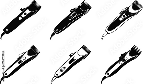 Electric hair clippers vector set, professional barber tools, grooming equipment illustration, black and white clipper icons, hair cutting machine design