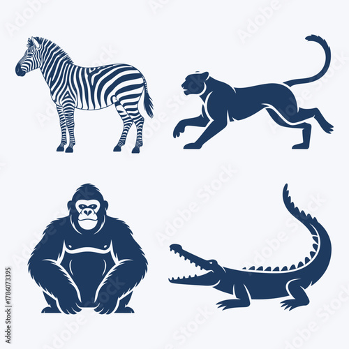 Zebra, panther, gorilla, and crocodile silhouette set. Wild animals blue icons vector illustration.