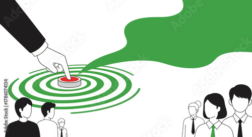 Leadership Impact Concept: Executive Hand Pressing Button Creates Green Ripple Effect for Team.