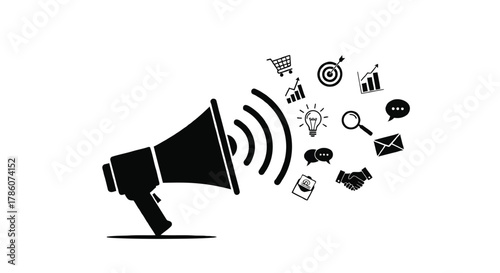 Megaphone emitting a variety of business and marketing icons representing communication and strategy