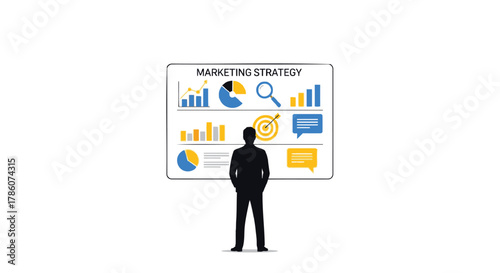 Silhouette of a businessman analyzing a marketing strategy board with charts graphs target and communication icons