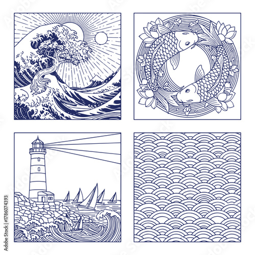 Four distinct blue ink drawings on white paper depicting a powerful ocean wave a portrait of a woman a lighthouse with sailboats and a repeating wave pattern