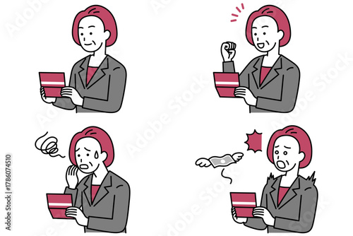 預金通帳を見る中年のスーツの女性　セット