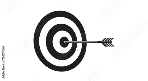Black and white graphic of an arrow hitting the bullseye of a target representing success and achievement