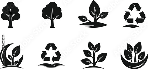 Eco nature tree and leaf silhouette vector, recycle symbol, green growth, sustainability, organic environment, and natural conservation illustration
