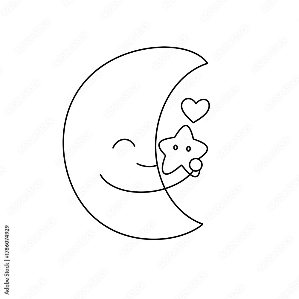 Fototapeta premium A cute cartoon of a smiling moon holding a star in its mouth