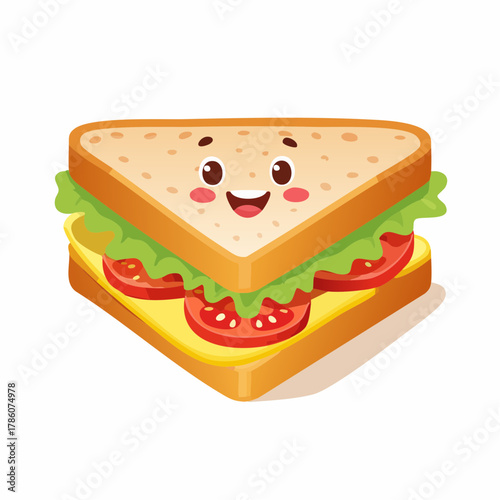 Delightful cartoon sandwich with a cheerful expression and fresh ingredients, perfect for kids' menus and healthy eating promotions, originally vector