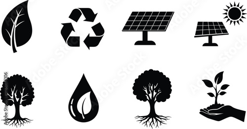 Eco friendly energy and sustainability vector icons with solar panels, recycle symbol, tree, leaf, water drop, and hand plant illustration