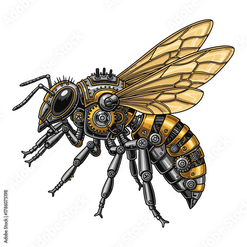 Intricate steampunk bee illustration with mechanical wings and gears detailed insect art