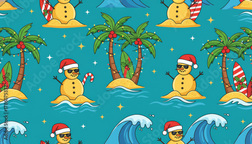 A bright, seamless repeating pattern illustration featuring cartoon snowmen (or sandmen) in Santa hats, surfing, and relaxing next to palm trees decorated with Christmas lights.