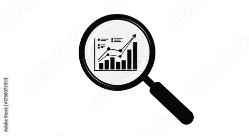 Magnifying glass focused on a bar graph and line chart showing upward trend and data analysis