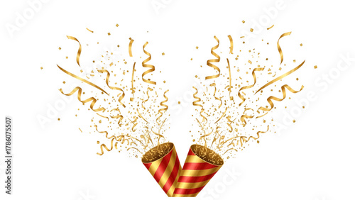 Vector illustration of exploding party popper with gold confetti and streamers on a white background
