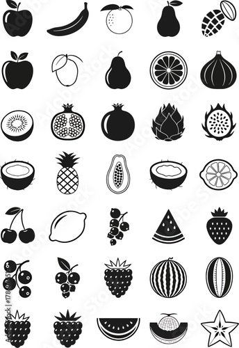 Collection of assorted fresh fruits and berries icons and symbols, healthy organic food elements, isolated on white background, perfect for design.