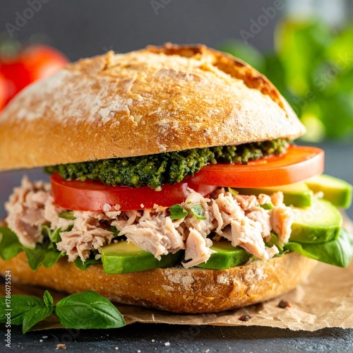 A delicious sandwich filled with creamy tuna salad, fresh tomato slices, avocado, and green pesto, layered in a rustic baguette. Close-up shot showcasing texture and freshness.
