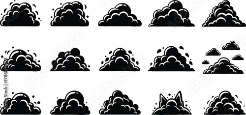 Dust cloud icons, smoke puff vector, explosion effect, impact illustration, comic style, debris motion, black and white design