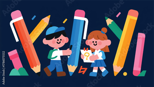Illustration Of Two Small Children With Pencils Vector Design Template