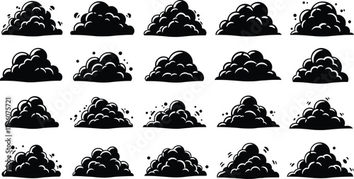Dust cloud animation, smoke puff sequence, explosion storyboard, comic motion effect, dynamic impact illustration, black and white vector design