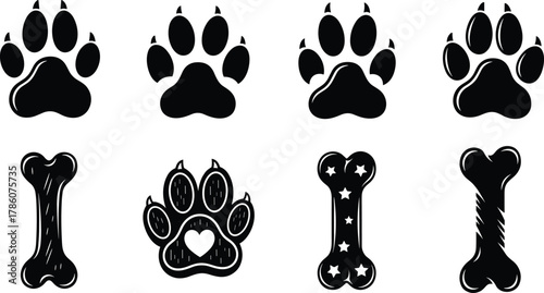 Dog paw print and bone vector set, pet care icons, animal footprint illustration, puppy symbol design for pet branding.