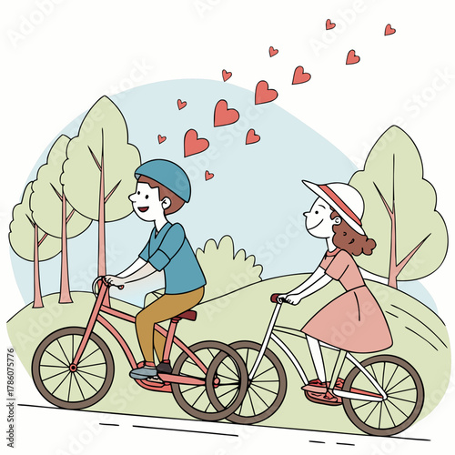 Couple riding bicycles in a park with hearts floating above