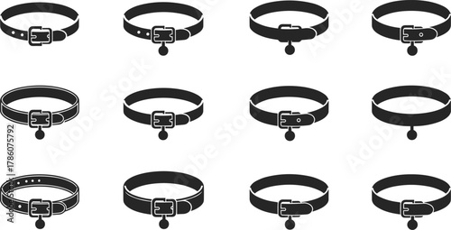 Dog and cat collars, pet accessories collection, animal neck straps with buckle, vector icons set, isolated black and white illustration