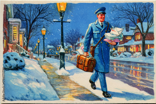 A mailman walks through a snowy street, carrying letters and packages as street lamps illuminate charming homes. The scene captures the festive spirit of Christmas in the 50s or 60s