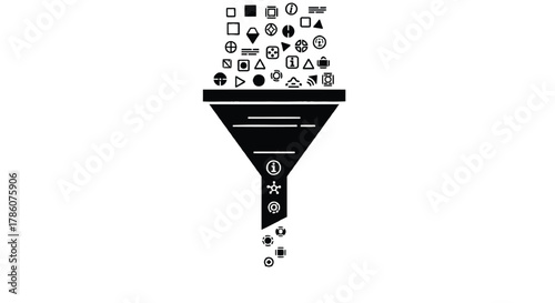 Conceptual illustration of a funnel filtering various icons representing data information and digital content into a refined output