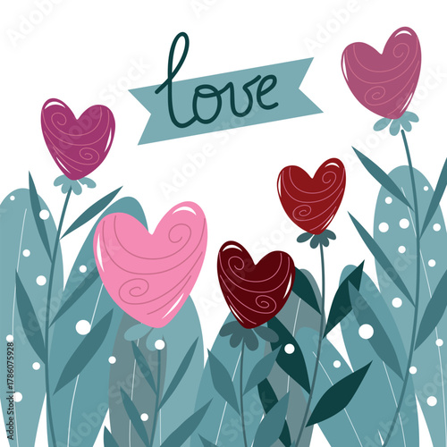 A whimsical illustration featuring colorful heart-shaped balloons and lush green foliage, with the word "love" in a playful font. Perfect for Valentine's Day or romantic designs