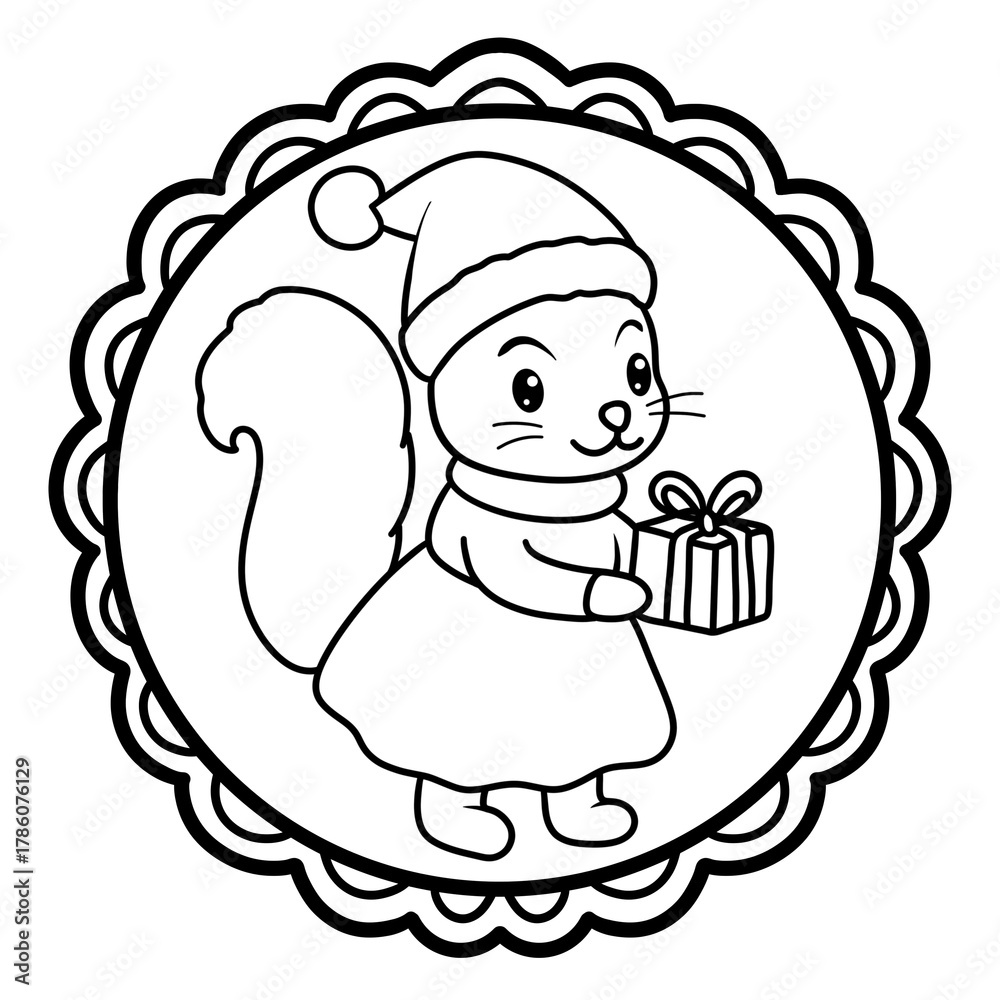 Fototapeta premium Christmas photo frames and cute animals black outline. squirrel.