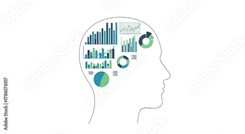 Conceptual illustration of data analysis and insights within a human head silhouette symbolizing intelligence and information processing