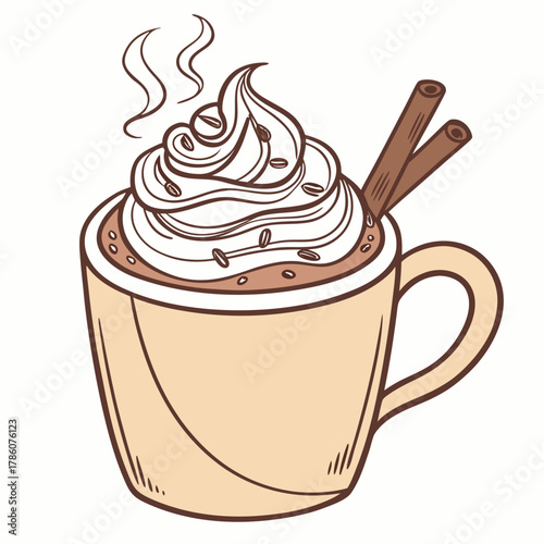 Hot chocolate with whipped cream and cinnamon sticks
