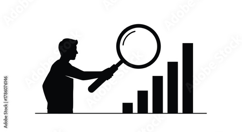 Silhouette of a person examining a rising bar graph with a magnifying glass symbolizing data analysis and growth