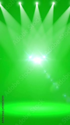 Event Technology with spotlight stage background animation glowing light beams on green screen for concert theater and visuals realistic moving spotlights effect video editing motion graphics