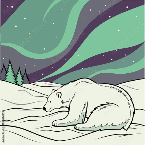 Polar bear resting on snowfield under aurora borealis at night