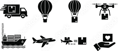 Delivery icons, logistics transport, drone shipping, hot air balloon, cargo ship, airplane freight, package care, black white vector illustration