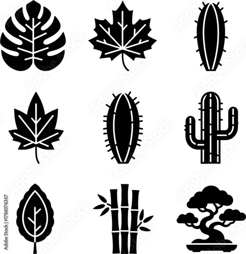 Collection of Botanical Icons Featuring Leaves Cacti Bamboo and Bonsai Tree Silhouettes in Black and White for Design