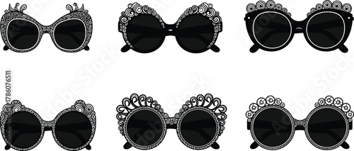 Decorative sunglasses vector collection, elegant eyewear design set, fashion accessory illustration, stylish glasses silhouette art, black and white modern concept