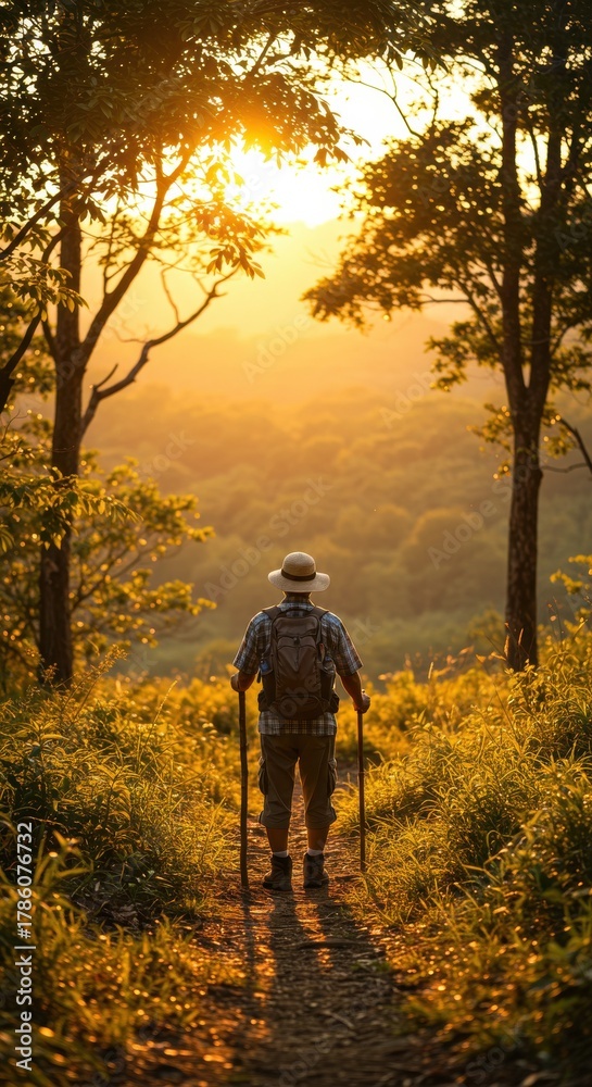 Fototapeta premium A hiker walks along a trail in the forest at sunset, enjoying the golden light