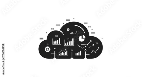 Cloud shaped infographic illustrating various business growth charts and financial data analysis icons on a white background
