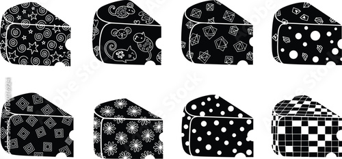 Creative cheese slice vector illustration, geometric and abstract food pattern collection, modern dairy design with polka dots, stars, and shapes