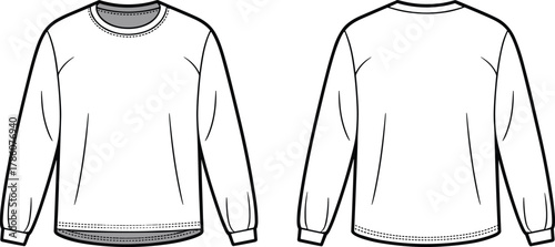 Crewneck sweatshirt sketch, long sleeve garment, front and back view, ribbed cuffs, ribbed hem, fashion flat, apparel design, technical drawing