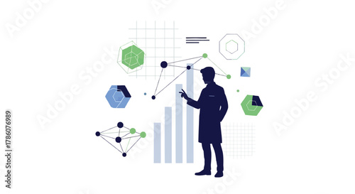 Scientist interacting with data visualizations and complex geometric shapes representing scientific research and analysis