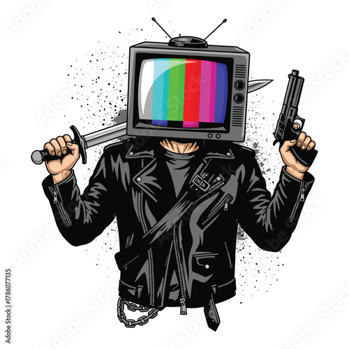 Man with vintage television for a head holding a gun and katana sword ready for action